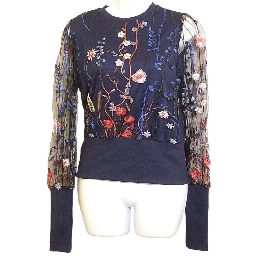 CBR Womens Top Blouse Floral Embroidery Sheer Mesh Sleeves Blue Boho Long Sleeve
